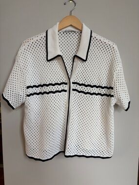 Abercrombie & Fitch Cream Open-Knit Short Sleeve Cardigan with Black Trim